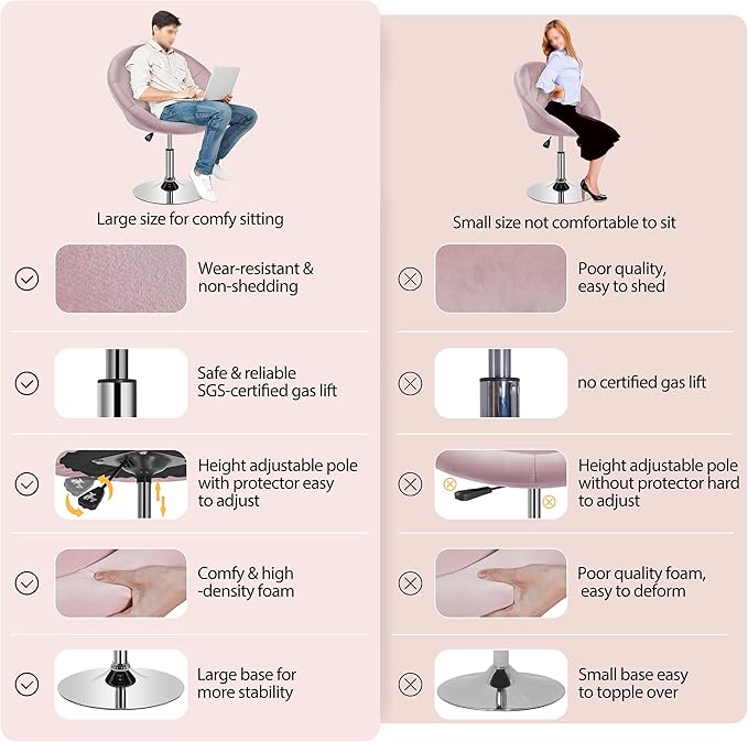 Yaheetech Adjustable Vanity Chair with Round Tufted Back Swivel Velvet Salon Chair for Bedroom Living Room Office Pink