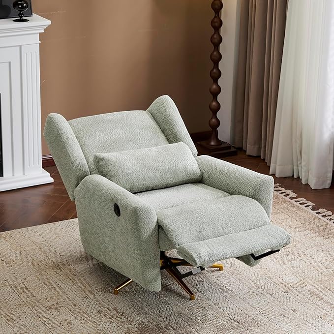 Christopher Knight Home Dolia Boucle Upholstered 360° Swivel Chair Push-Back Power Recliner Chair Iron Recliner Sofa with Rotation Living Room Lounge Sofa Adjustable Backrest Gold+Light Green