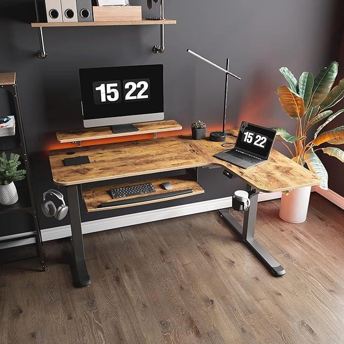 EUREKA ERGONOMIC Standing Desk with Keyboard Tray Computer Desk 61 L Shaped Electric Adjustable Height Desk w Monitor Stand LED Corner Sit Stand Desk Gaming Desk Dual MotorRight/Rustic Brown