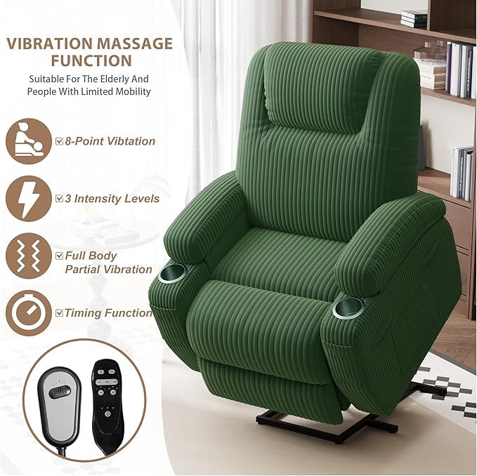 Flamaker Power Lift Chair Massage Recliner Chairs for Elderly Corduroy Ergonomic Design with Cup Holders &amp Side Pockets Remote Control (Green)