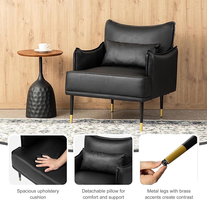 Glitzhome Mid-Century Modern Accent Chair for Living Room Black Leatherette Armchair with Golden Metal Legs and Side Pocket Oversized Single Sofa Reading Chair with Soft Seat Cushion