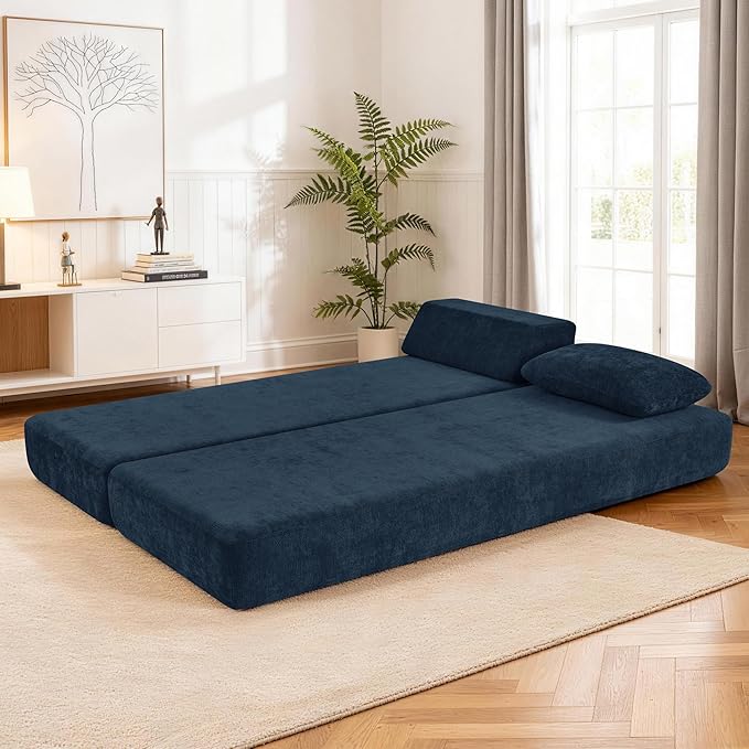 Convertible Chaise Lounge Chair Indoor Boneless Cloud Couch with 2 Pillows Sleeper Sofa for Living Room Bedroom Reading Nook- No Need Assembly (Navy Blue)