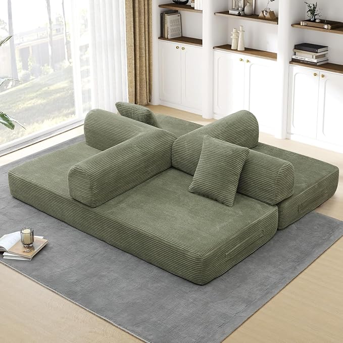 Convertible Folding Sofa Bed Corduroy Sleeper Mattress Couch with Fixed-Shape Frame Free Combination Loveseat Lounge Floor Sofa Queen Size Memory Foam Couch for Living Room Bedroom Light Green