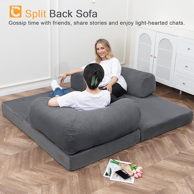 COMAX Futon Sofa Bed 4-in-1 Floor Foldable Sofa Couch Bed Queen with L-Shaped Armrests Convertible Folding Chair Bed Sleeper Mattress Fold Out Comfy Lounge for Living Room Bedroom Grey