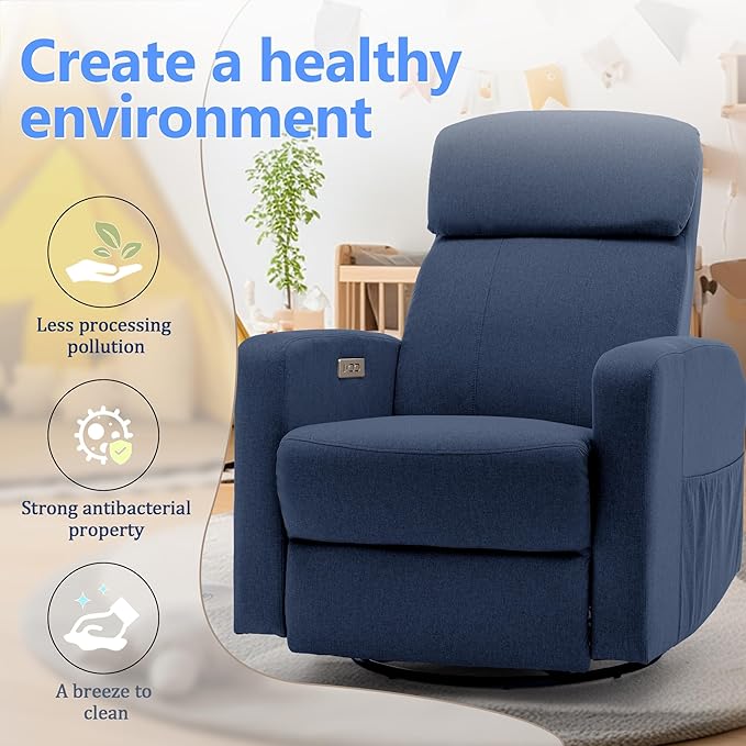 Power Swivel Recliner Chairs for Adults Electric Glider Rocking Chair Nursery Glider Recliner Nursery Chair with Classified Side Pocket Nursery Rocking Chairs with USB and Type-C Ports
