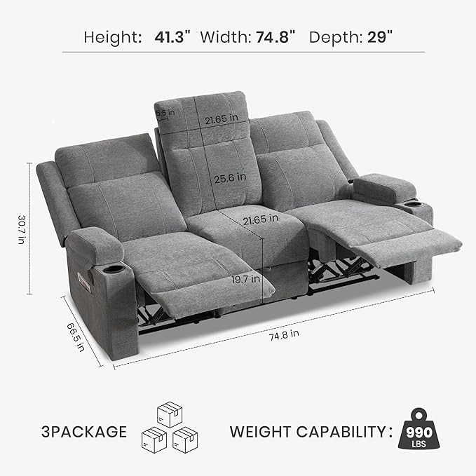 75'' Manual Reclining Sofa with Storage Drawer 3 Seat Wall Hugger Recliner Couch with Cup Holders Side Pockets Chenille Fabric Compact 3-Person Recliner for RV Living Room Apartment (Grey)