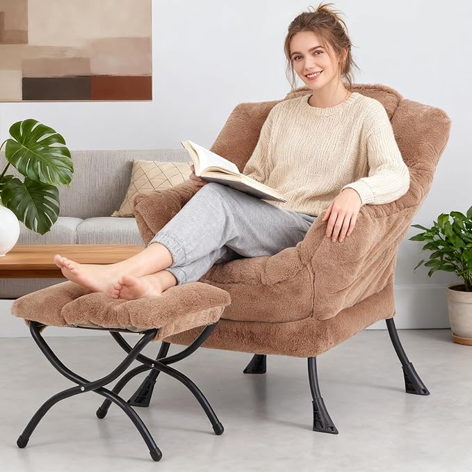 Lazy Chair with Ottoman Modern Accent Chair Lounge Leisure Sofa Chair with Armrests Reading Chair and Folding Footstool for Living Room Bedroom Office Plush Brown
