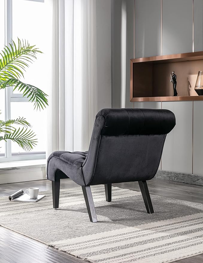 Accent Chair Living Room Reading Chairs Comfy Velvet Upholstered Mid Century Modern Accent Chair Tufted Back Armless Chair with Wooden Legs for Living Room Bedroom Office Black