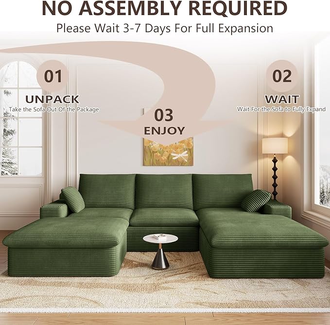 107 Cloud Modular Sectional Sofa with 1 Ottoman Deep Seat Boneless Couch Modern Upholstered Corduroy Couches Comfort U Shaped Sofa for Living Room No Assembly Required(GreenRight Facing Chaise)