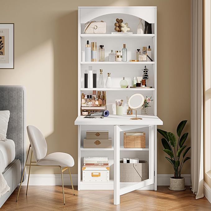 Folding Desk with Storage Space-Saving Foldable Convertible Writing Table Wall Mount Fold Out Computer Desk for Home Office Craft Room Living Room Bedroom White