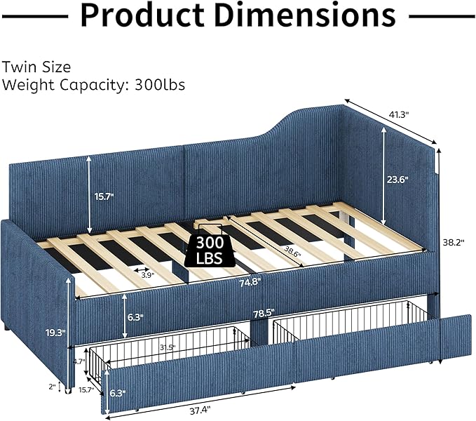 Twin Size Daybed L-Shaped Modern Corduroy Upholstered Sofa Day Bed Frame with Storage Drawers for Living Room Bedroom Guest Room No Box Spring Needed (Blue)