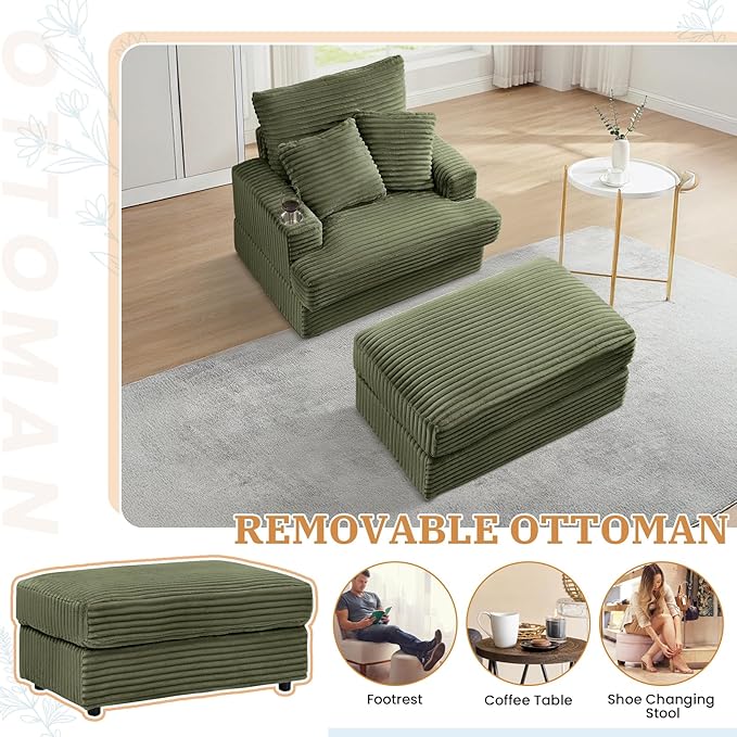 Chaise Lounge Chair Indoor 39 W Plush Corduroy Oversized Chair with Ottoman Upholstered Cozy Chaise with Cup Holder Modern Deep Seat Comfy Sofa Armchair for Living Room Bedroom(Green)