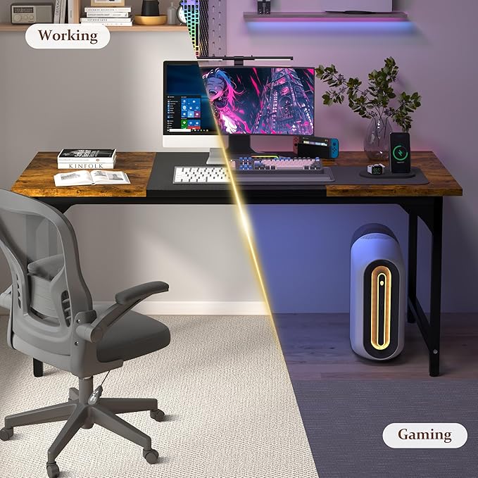 55inch Computer Desk with Deeper Carbon Fiber Desktop Gaming Office Desk with Sturdy Metal FrameHome Office Desk for Gaming Working Studying Rustic Brown