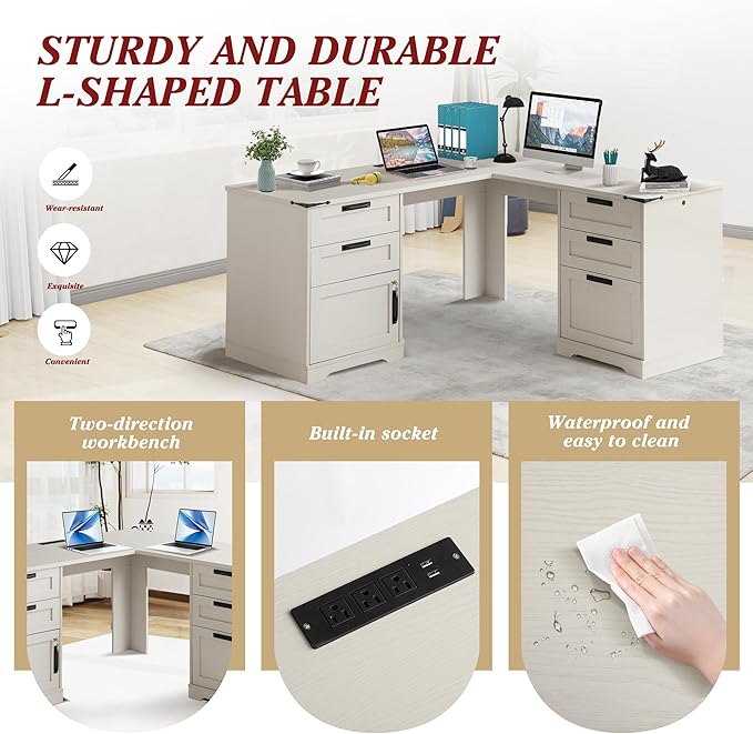 Grepatio 60 L Shaped Executive Desk with Drawers Farmhouse Corner Desk with USB Charging Station 2 Person Home Office Computer Writing Desks with Storage Key Lock Filing Cabinet (Grey)