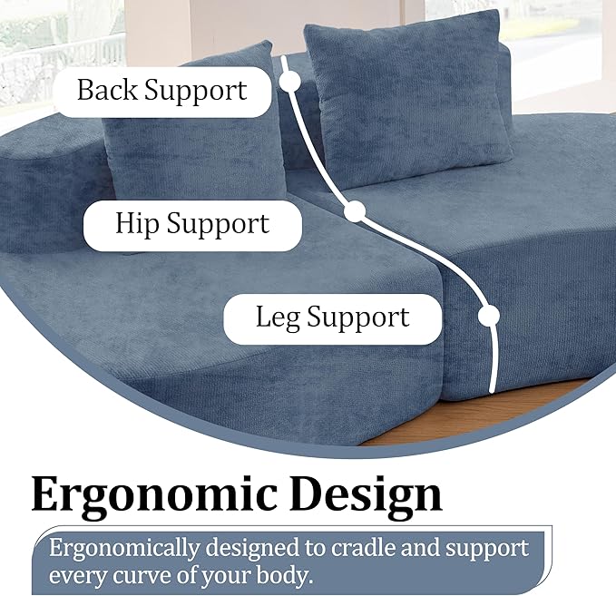 94.5'' Curved Modular Sectional Long Sofa Modern Cloud Boneless Deep Seat Couch in a Box Plush Chenille Compressed Upholstered Lounge Sofa for Living Room No Assembly Required Blue 2 Pillows