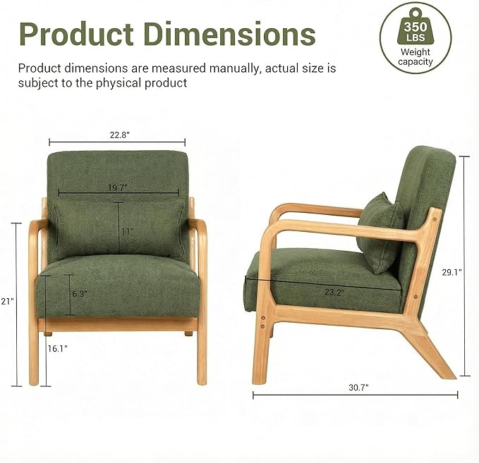 Mid Century Accent Chair Comfy Arm Chair with Solid Wood Frame Upholstered Modern Chair for Living Room Bedroom Waiting Room Green