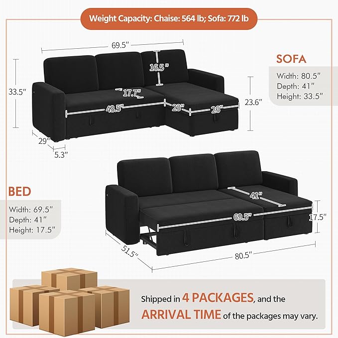 Yaheetech Sectional Sofa L-Shaped Sofa Couch Bed w/Chaise &amp USB Reversible Couch Sleeper w/Pull Out Bed &amp Storage Space Living Room Black