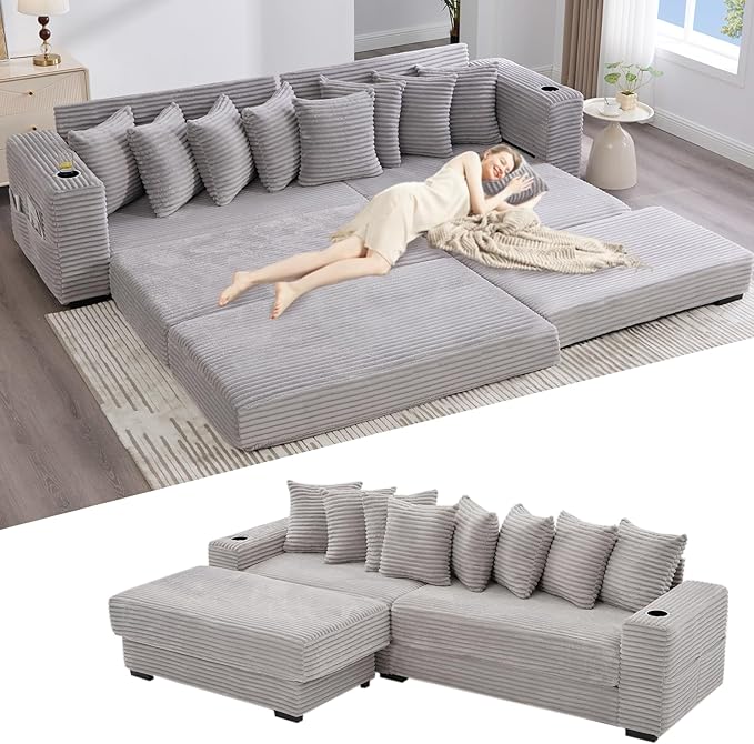 111 Inch Sleeper Sofa Bed | Convertible Cloud Sectional Couches for Living Room | L-Shaped Couch with Cup Holder Side Pocket 8 Pillpws | Light Grey