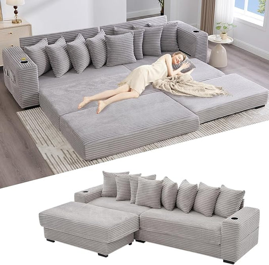 111 Inch Sleeper Sofa Bed | Convertible Cloud Sectional Couches for Living Room | L-Shaped Couch with Cup Holder Side Pocket 8 Pillpws | Light Grey