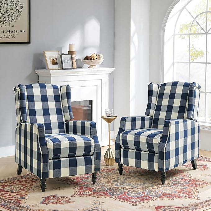 HULALA HOME Wingback Recliner Chairs Set of 2 Traditional Push Back Recliners with Solid Wood Legs Modern Lounge Armchairs for Living Room Comfy Upholstered Accent Reclining Chairs Buffalo Navy