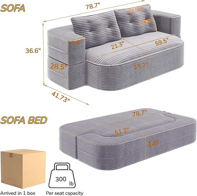 80 Convertible Folding Sofa Bed with Multi Functional BlanketKing Size Folding Mattress Sleeper Cloud Floor CouchCorduroy Boneless Sectional Couches for Living Room Bedroom (Light Grey)