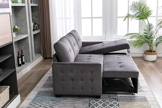 Merax 76.8 Pull Out Sleeper Reversible Sectional Storage Sofa BedConvertible Velvet Corner Sofa Bed and Reversible Storage Chaise L-Shaped Sleeper Sofa for Living RoomDark Gray