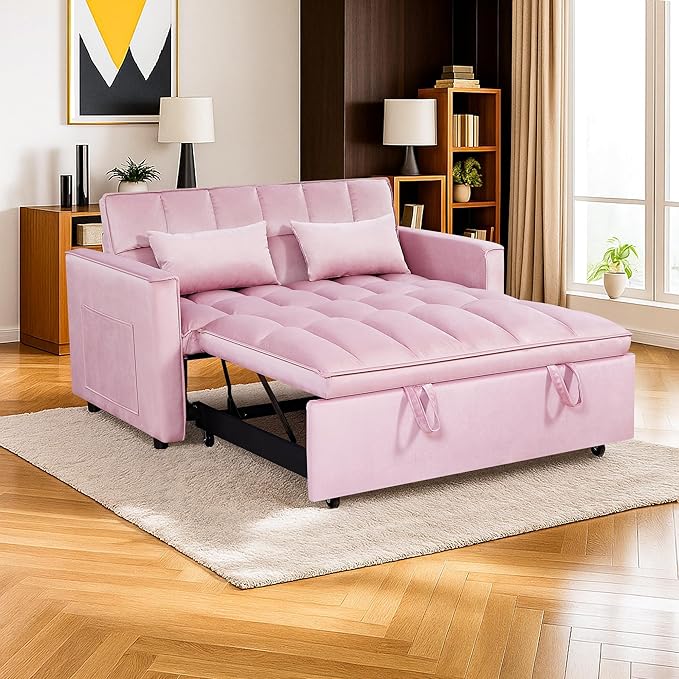 3 in 1 Convertible Sleeper Sofa BedFuton Loveseat Couch with Pull-Out Bed &amp Adjustable BackrestVelvet Fabric Sofa with Side Pocket for Small Apartment Living Room Office