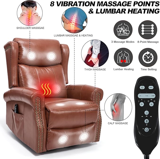 Manual Rocker Swivel Recliner Chair for Adults Vibration Massage Reclining Glider Chair with Lumbar Heat Rivet Design Single Sofa for Living Room Genuine Leather Red Brown