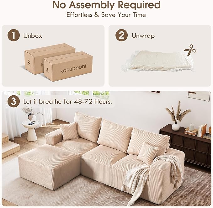 108 Modular Cloud Sectional Sofa 17.8 Comfort Height &amp Neck Pillow Modern Corduroy Couch with L-Shape Oversized Chaise for Living Room Bedroom No Assembly Required (Beige)