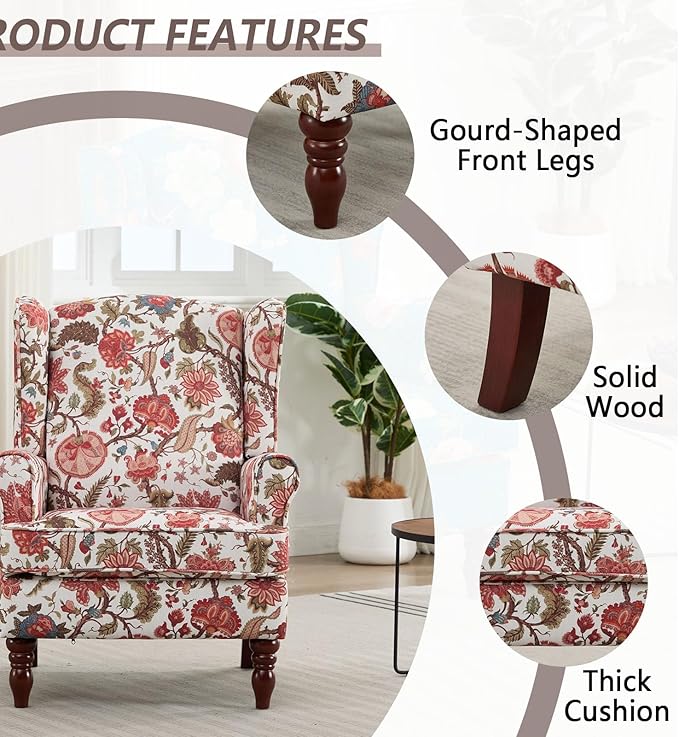 Anwick Modern Floral Accent Chair Upholstered Armchair Wingback Chair with Wooden Legs Single Sofa Reading Chair Accent Chairs for Living Room Bedroom Office (Red)