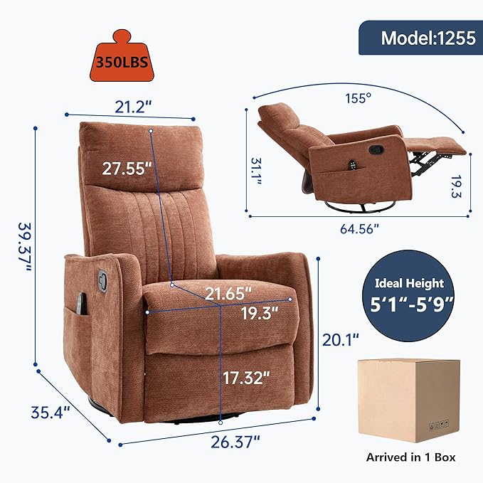 KEIKI Swivel Rocker Recliner Chair with Massage and Heated Pad for Nursery Soft Fabric Glider with 360 Degree Rotation and Manual Recline