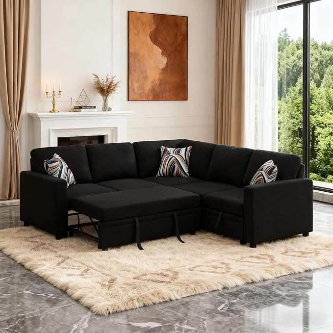 Sectional Sleeper Sofa with Pull Out Bed L Shape Convertible Couch with Storage Chaise Comfy Sleeper Couch 2 in 1 Pull Out Sofa Bed with 5 Seats for Living Room Apartment Black