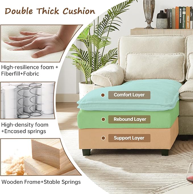 113 U Shaped Sectional Sofa Comfy Cloud Couch Chenille Sofa Sleeper Deep Seat Sofa with 4 Throw Pillows 4-Seater Double-Layer Modern Sofa for Living Room Beige