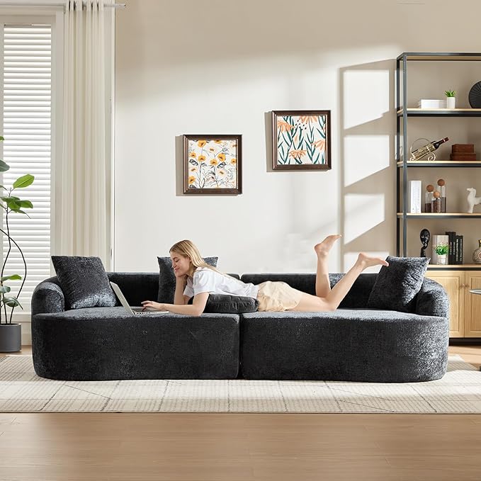 Curved Sectional Couch 110 Chenille Cloud Sofa with 4 Pillows 4-Seater Sleeper Sofa for Living Room Apartment Full Compression Sponge (Black 110 Inch)