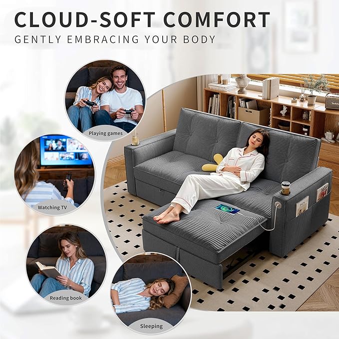73 Queen Size Sofa Bed Loveseat Sleeper Sofa with Pull Out Bed Pockets and USB Modern 2 Seater Convertible Small Couch for Living Room Bedroom Apartment (Gray Corduroy)