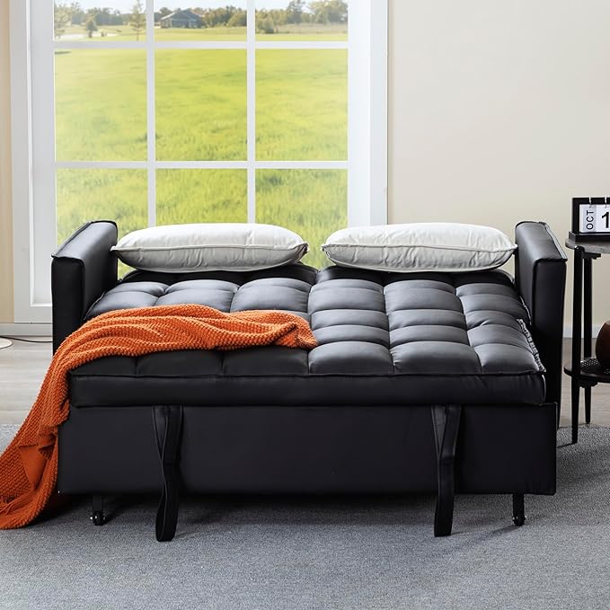 3 in 1 Convertible Sofa Bed Love Seat Sleeper Bed with Side Pockets PU Fabric Pull Out Couch with Adjustable Backrest for Living Room Bedroom Apartment Black