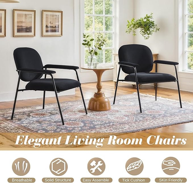 Accent Chair Set of 2 Velvet Upholstered Armchair Reading Side Chair Comfy Living Room Chair with Black Metal Legs for Bedroom Waiting Room Black