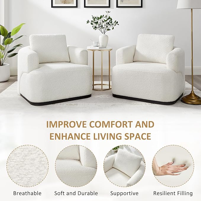 Oversized Living Room Chair Modern Comfy Boucle Accent Chairs with Throw Pillow Upholstered Armchair for Bedroom Office Waiting Room Fully Assembled (White)
