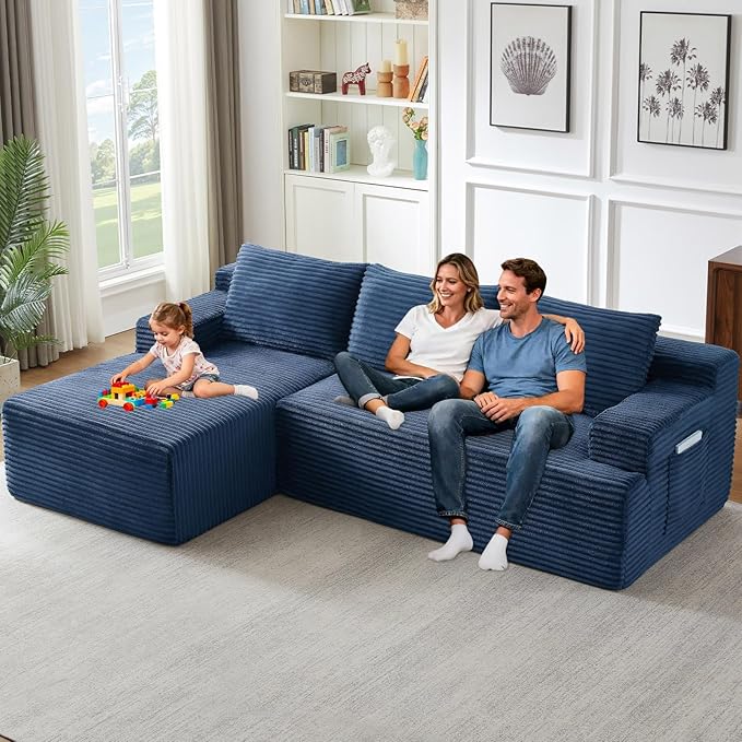 96.1 Modular Sectional Sofa Couches L-Shape Couch 3 Seat Modular Sofa Corduroy Memory Foam Sectional Boneless Couches for Living Room Cloud Couch with Oversized Chaise(Blue Left Facing)