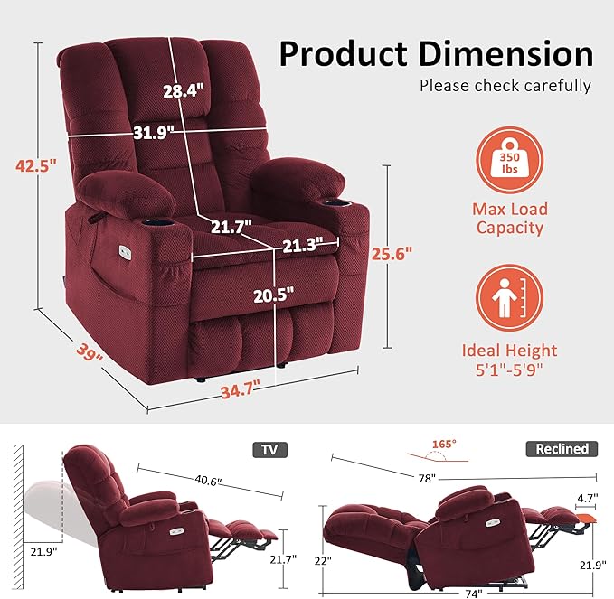 MCombo Triple Motor Power Lift Recliner Chair with Massage and Dual Heating Adjustable Headrest for Elderly People Fabric 7632 (Burgundy Medium)
