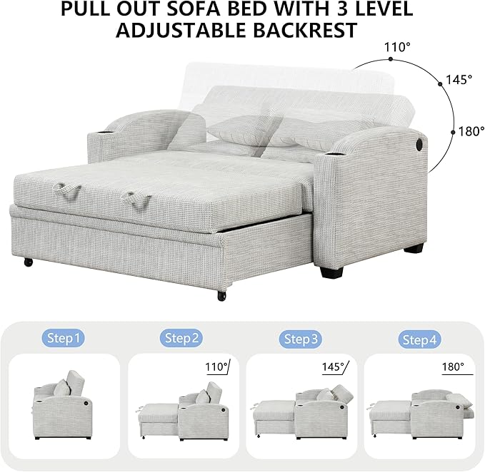 Merax 61.6 Pull Out Sleeper Sofa Bed Modern Chenille Convertible Loveseat Sofa with Adjsutable Backrest 2 Pillows Cup Holders USB Ports for Living Room Apartment White+Gray