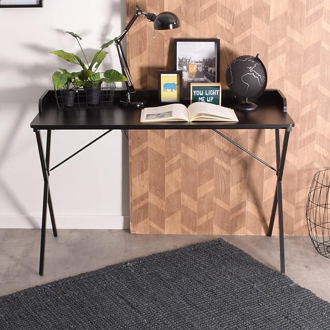 Homy Casa Modern Black Computer Desk with X-Frame Metal Legs 47.2 x 19.7 Writing Table Raised Edge Minimalist Home Office Workstation