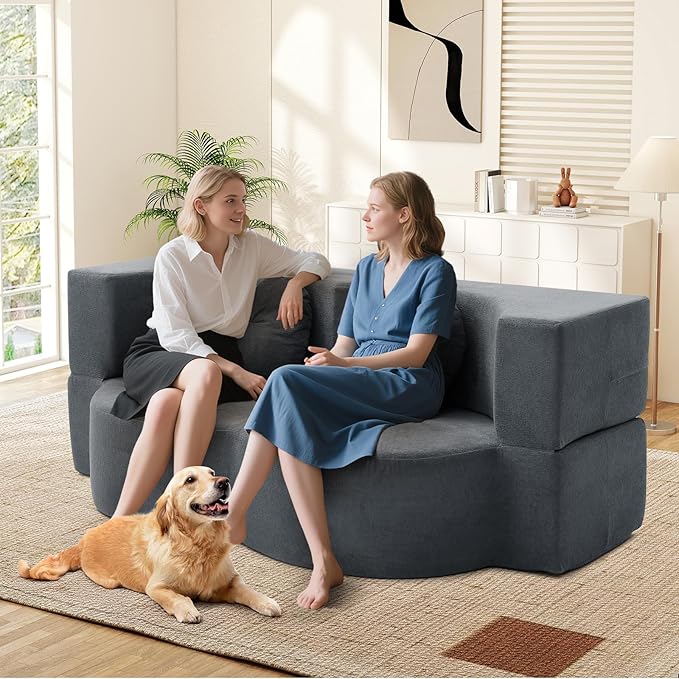 Folding Futon Sofa Bed Modern Convertible Fold Out Chenille Cloud Memory Foam Boneless Floor Lounge Loveseat Sleeper Mattress Sofa Couch with 2 Pillows for Guest Room Living Room Office Grey