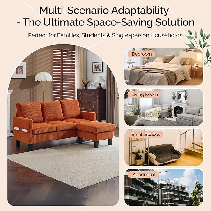 VINGLI 68.5' L Shaped Couch with Movable Storage Ottoman Convertible Sectional Sofa in Soft Corduroy Fabric Modern Reversible Chaise Couch for Small Spaces Apartment Living RoomOrange