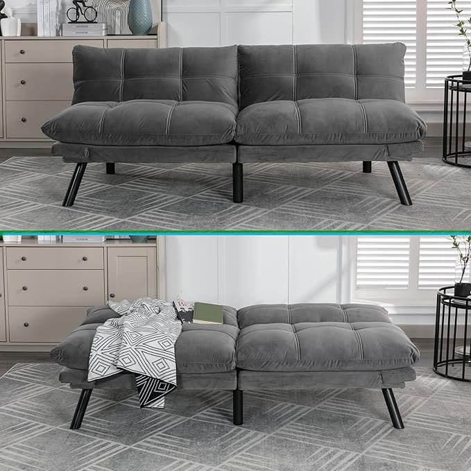 71 Velvet Futon Couch Bed with Mattress IncludedConvertible Folding Sleeper Sofa Bed with Adjustable BackrestsModern Loveseat Sleeper for Living Room Bedroom Small Space Home Office (Grey)