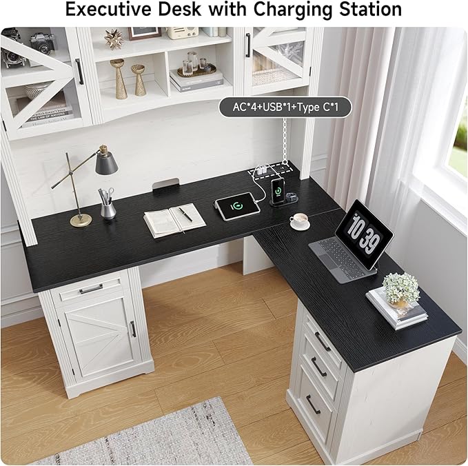 ONBRILL 72 L-Shaped Executive Desk with Hutch Farmhouse L-Shaped Computer Desk with 4 Drawers File Drawer and Power Outlet Home Office Computer Desk for Living RoomStudy Room (Off White&amp Blac