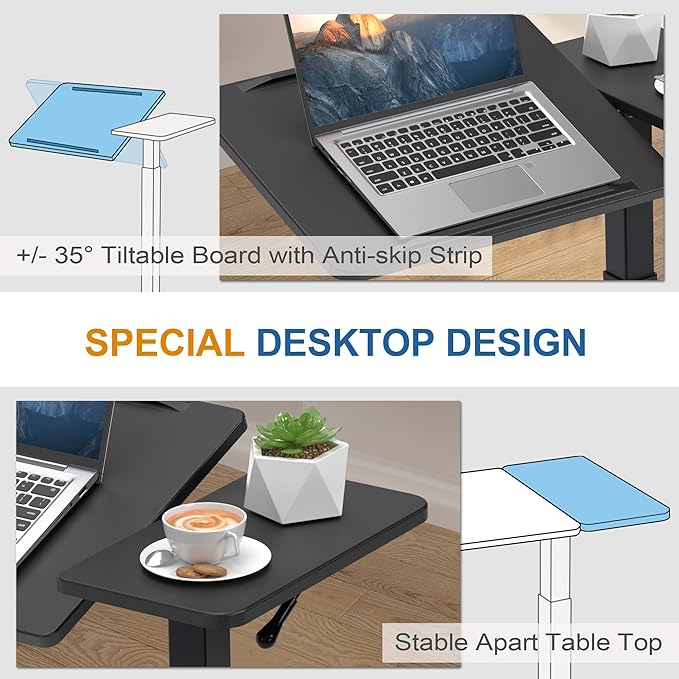 Adjustable Overbed Bedside Table with Hidden Wheels Pneumatic Tilt Board Rolling Laptop Standing Desk Cart Mobile Over Bed Sofa Chair Side End Tables Walnut (Black)
