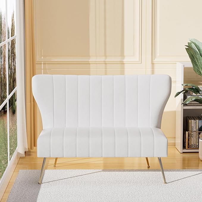 50’’ Velvet Modern Armless Loveseat for Living Room Bedroom Upholstered Small Wingback Couch Sofa with Gold Metal Legs &amp 2 Seater (White 50 Loveseat)