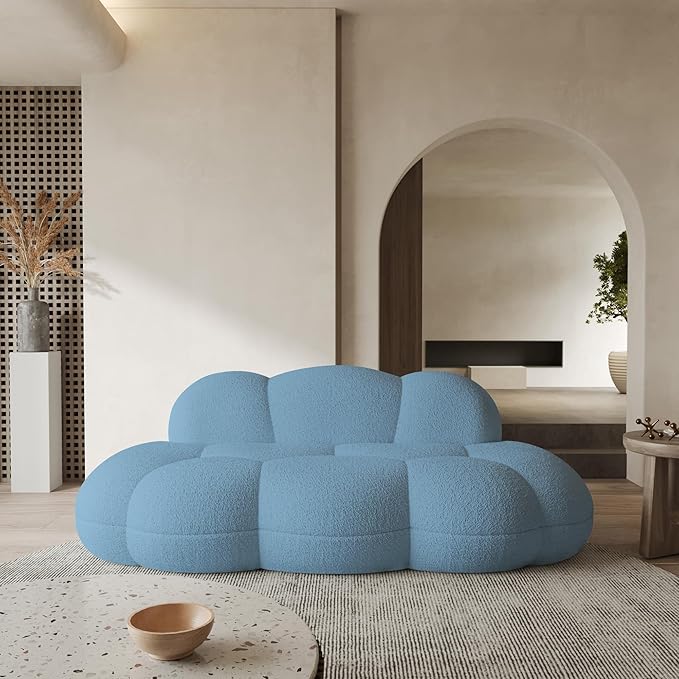 WJShome 90 Boucle Sofa Modern Curved Upholstered Cloud Couch Deep Seat LoveSeat 3 Seater Sofa Cozy Modern Boneless Sherpa Fleece Couches for Living Room Bedroom Apartment (Blue)