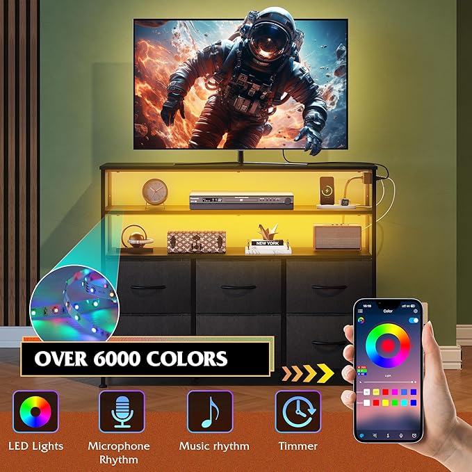 WLIVE Black TV Stand for 40 45 inch TV Entertainment Center with LED Lights &amp Charging Station TV Media Console Table with 6 Fabric Drawers and Open Shelves for Living Room Hallway Wood Top